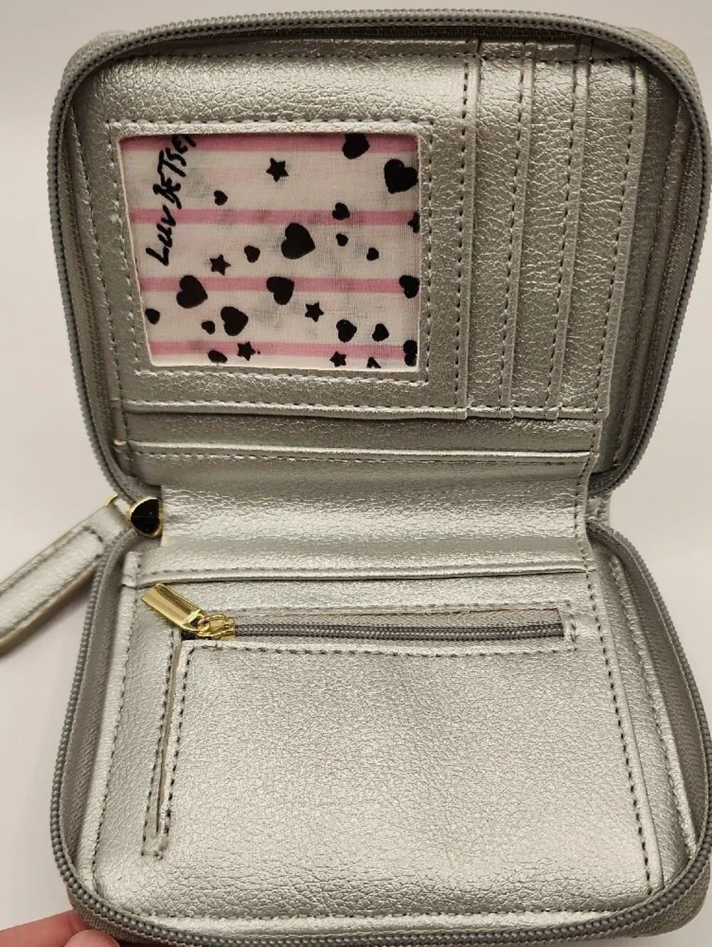 Betsy Johnson Metallic Silver Quilted Heart Zip Wallet